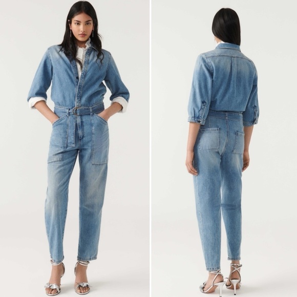 NWT BA&SH Frida Denim Jean Belted Collared Patch Pocket Jumpsuit Size Large - Picture 1 of 15